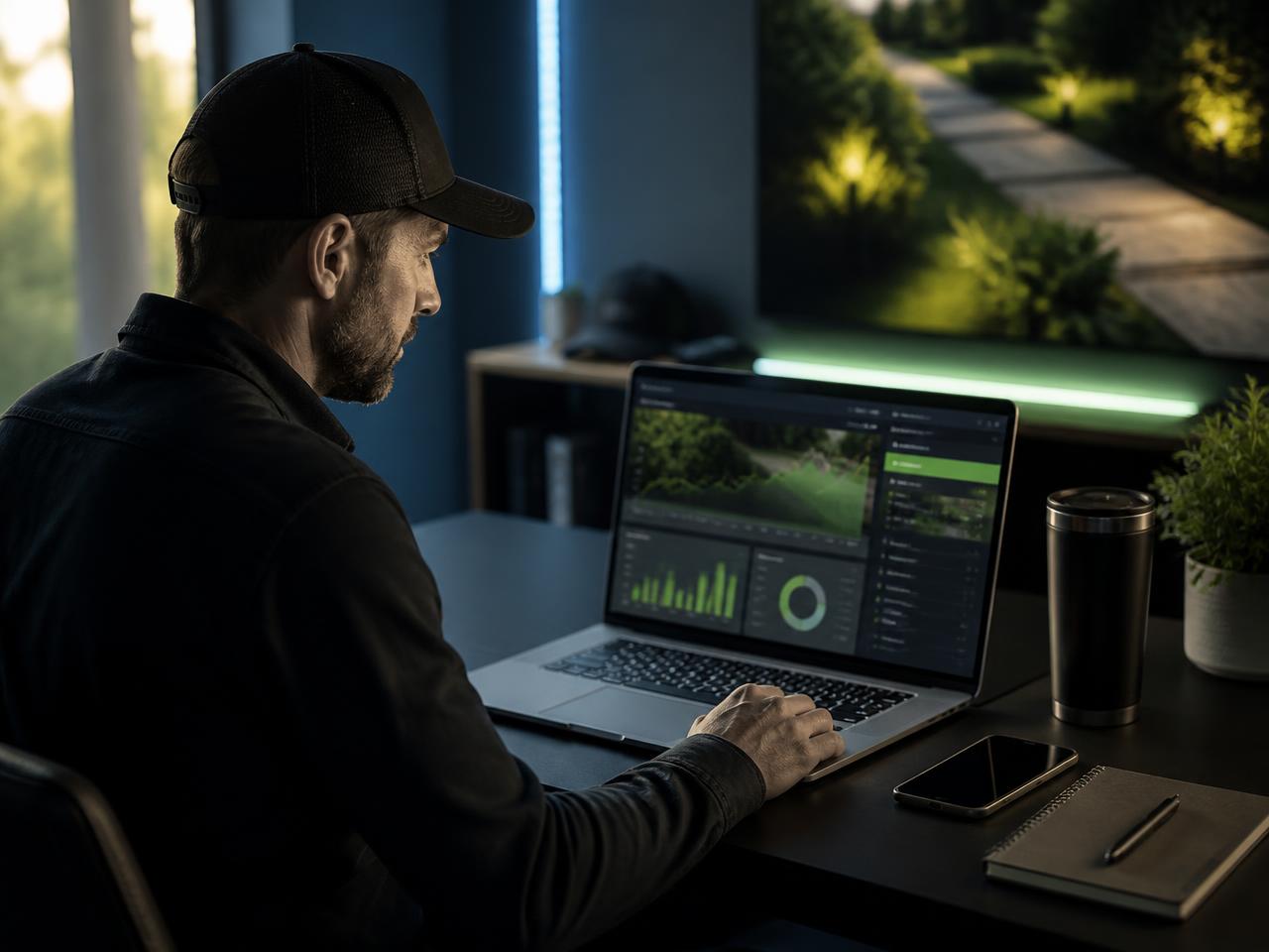 A landscaping business owner reviewing business dashboards