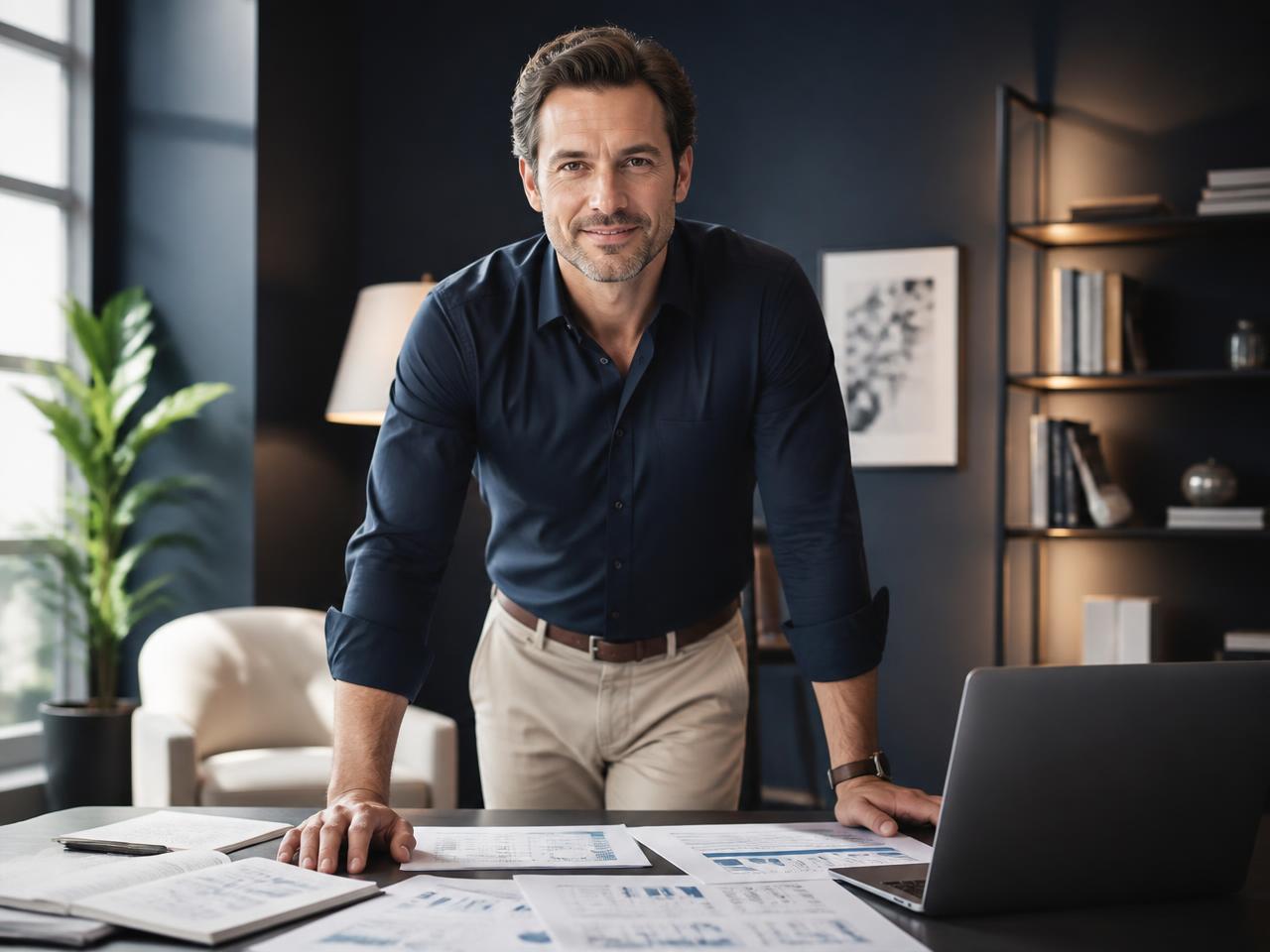 A business owner reviewing his numbers in a modern office